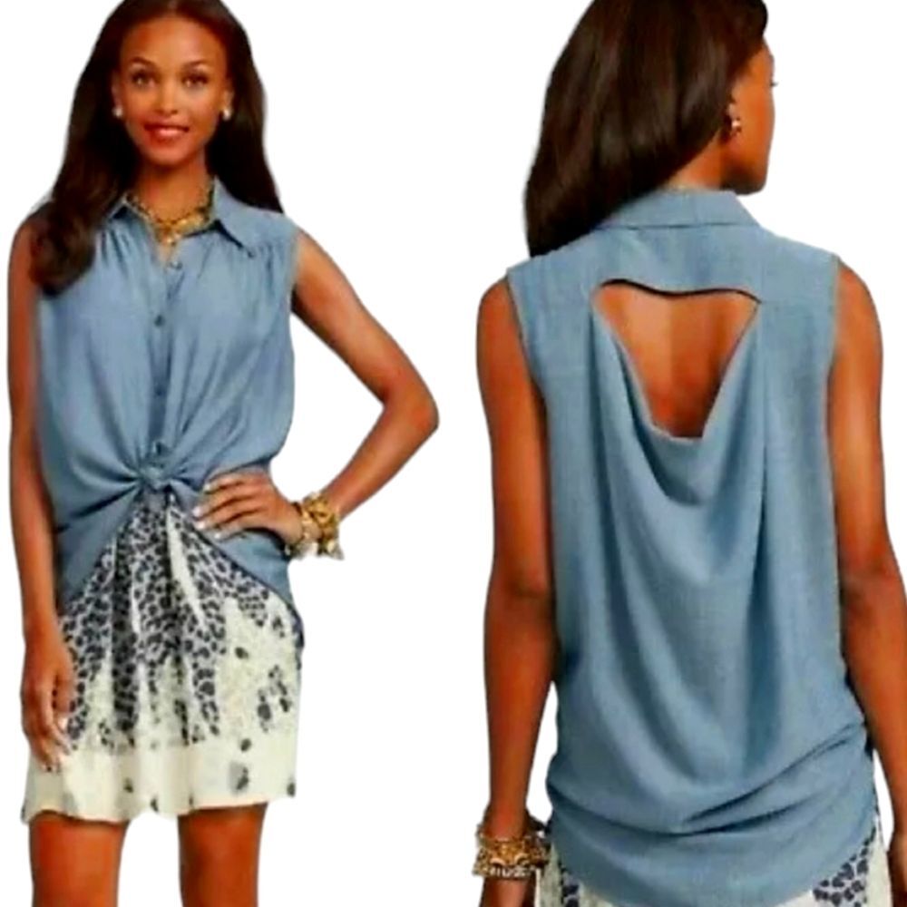 Cabi Top Tunic Blue Chambray Drape Open Back Hi Low Blouse Flowy Button 387‎ S